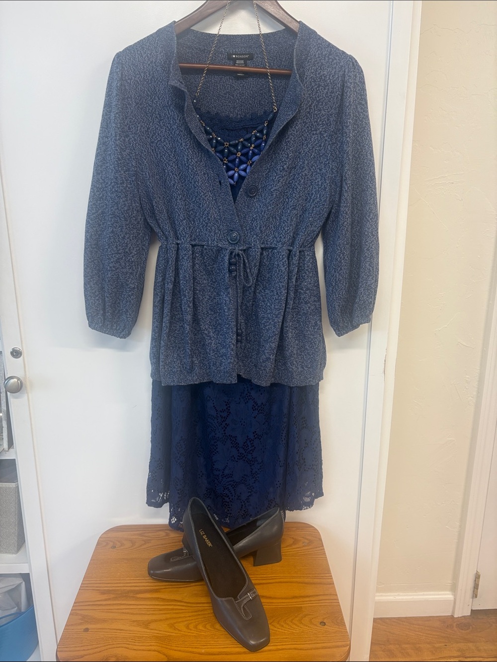 Oura Navy Blue Layered Lace Dress with Textured Cardigan